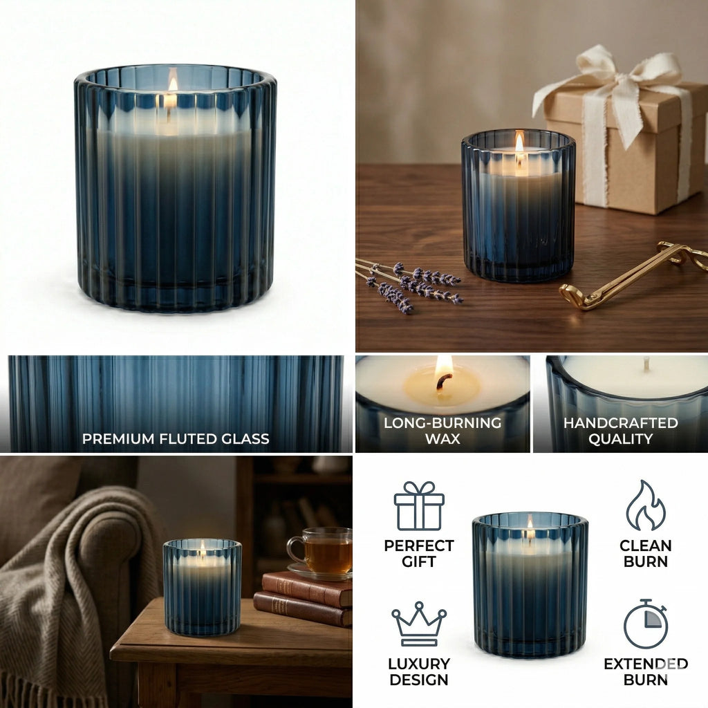 Sandalwood Ribbed Glass Candle | Luxury Gift & Home Décor — Hand-Blown Glass from Firozabad, India — In a Living Space