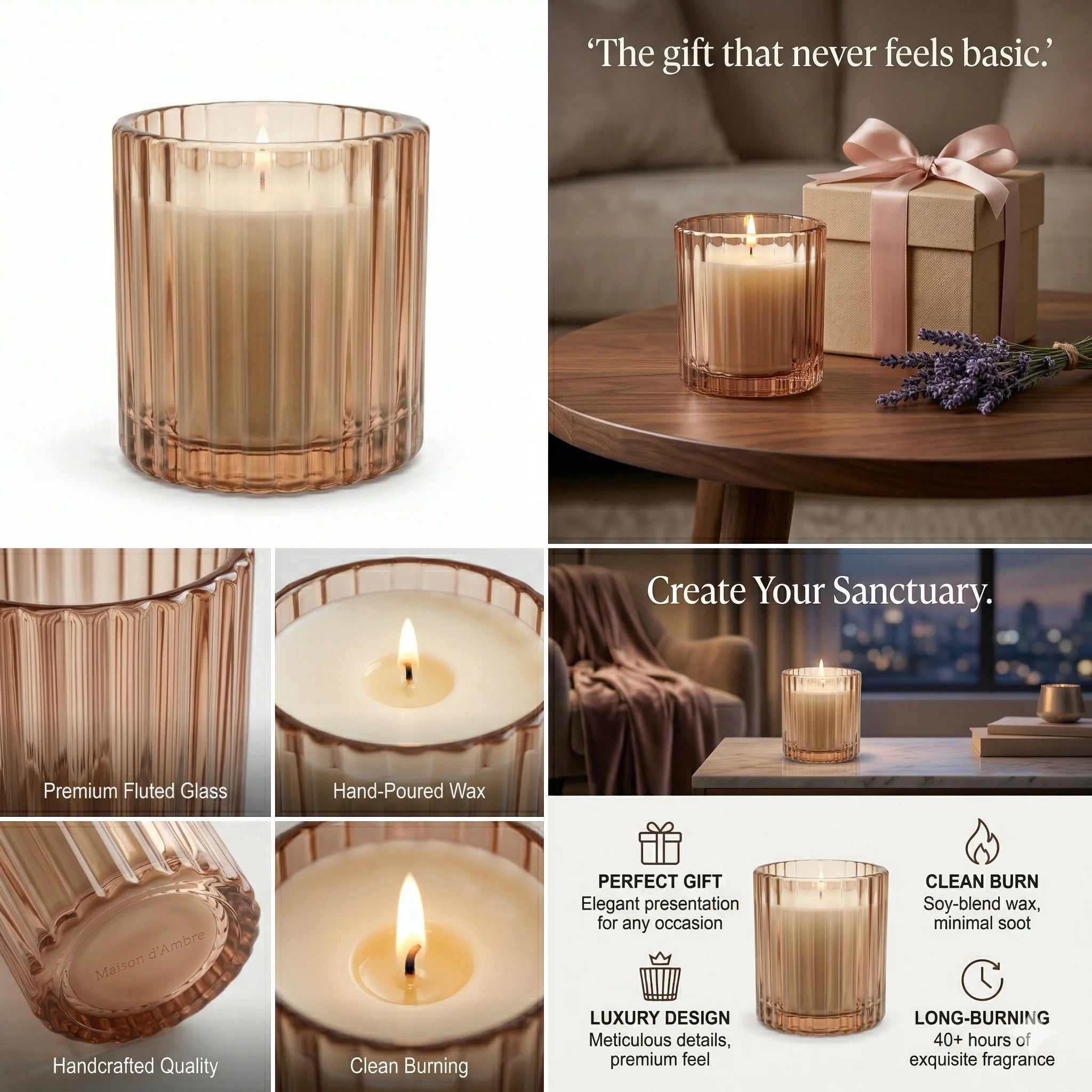 Sandalwood Ribbed Glass Candle | Luxury Gift & Home Décor — Hand-Blown Glass from Firozabad, India — Light & Shadow
