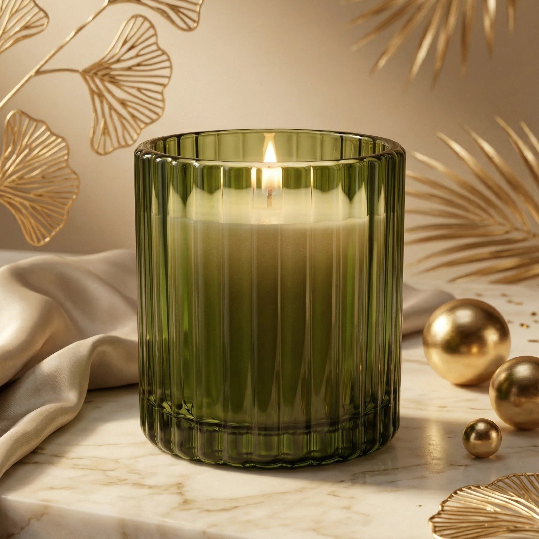 Sandalwood Ribbed Glass Candle | Luxury Gift & Home Décor — Hand-Blown Glass from Firozabad, India — Festive Styling