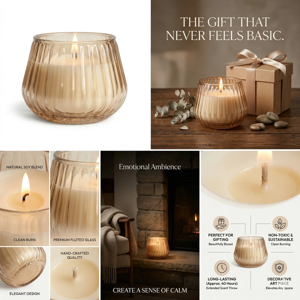 White Oud Barrel Ribbed Glass Soy Wax Candle | Premium Gift — Hand-Blown Glass from Firozabad, India — Light & Shadow
