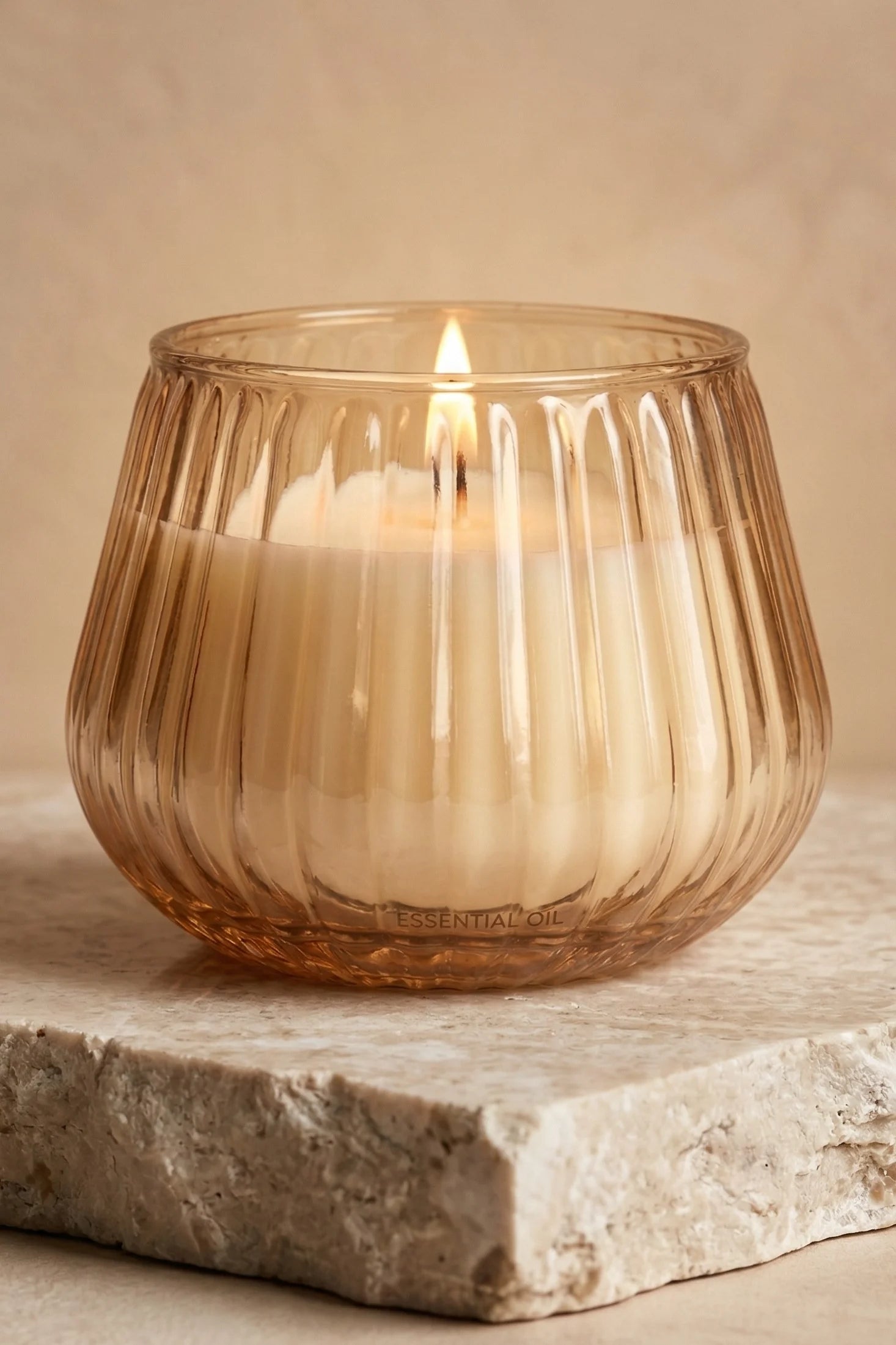 White Oud Barrel Ribbed Glass Soy Wax Candle | Premium Gift — Hand-Blown Glass from Firozabad, India — In a Living Space