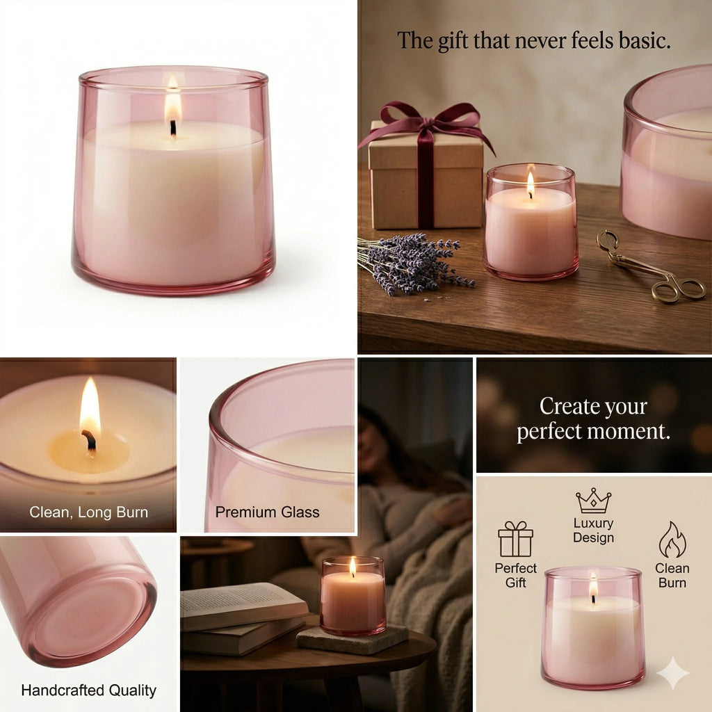 Sandalwood Classic Cylinder Glass Soy Wax Candle | 5 Colours — Hand-Blown Glass from Firozabad, India — Light & Shadow