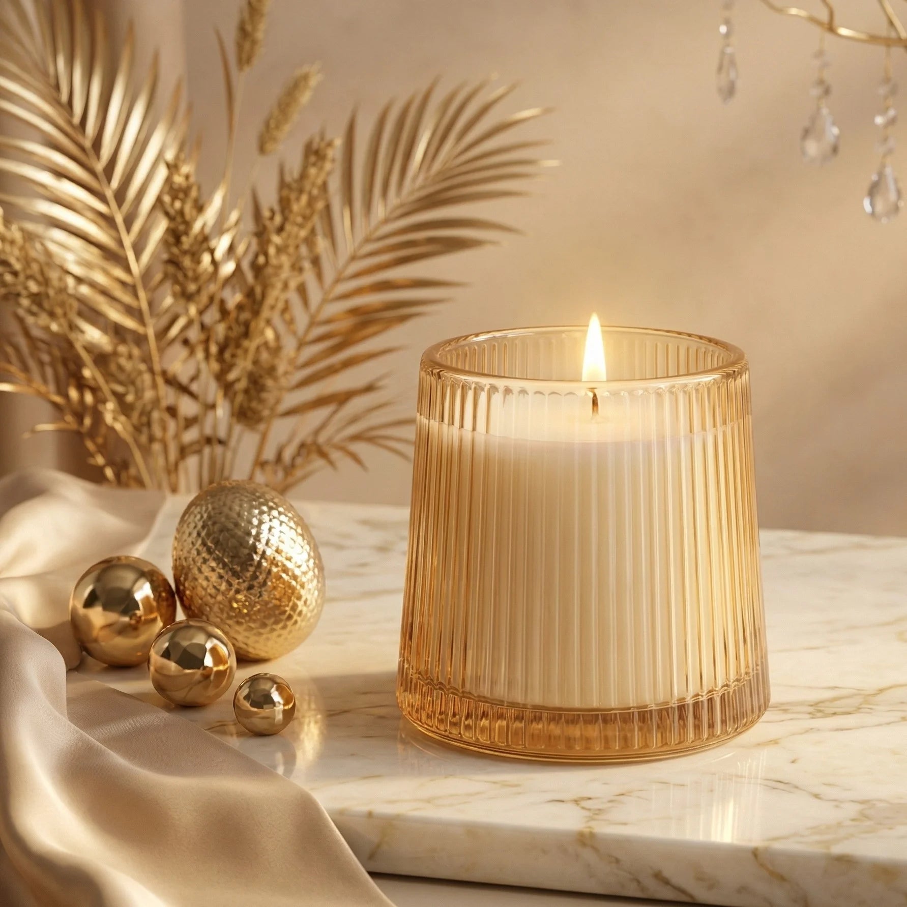 Oud Tapered Ribbed Glass Soy Wax Candle — Hand-Blown Glass from Firozabad, India — Gifting Presentation