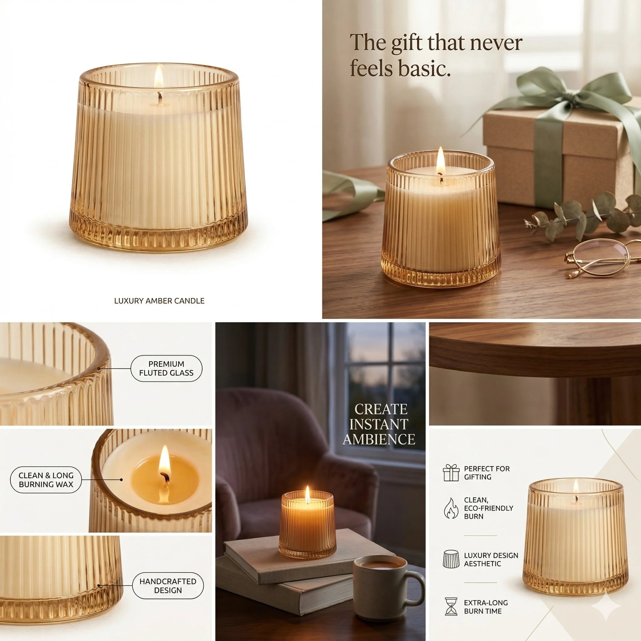 Oud Tapered Ribbed Glass Soy Wax Candle — Hand-Blown Glass from Firozabad, India — Light & Shadow