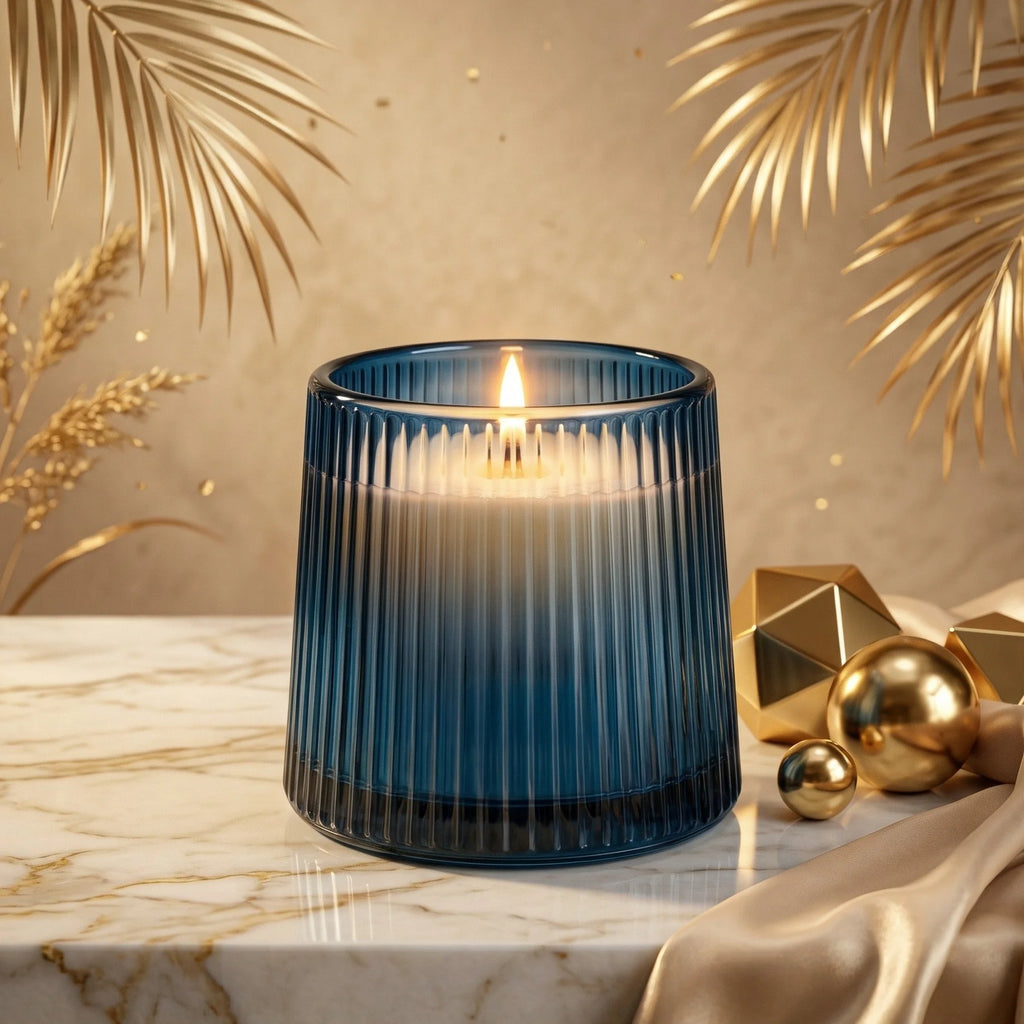 Oud Tapered Ribbed Glass Soy Wax Candle — Hand-Blown Glass from Firozabad, India — Colour Variant
