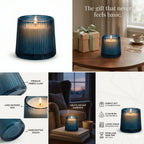 Oud Tapered Ribbed Glass Soy Wax Candle — Hand-Blown Glass from Firozabad, India — In a Living Space