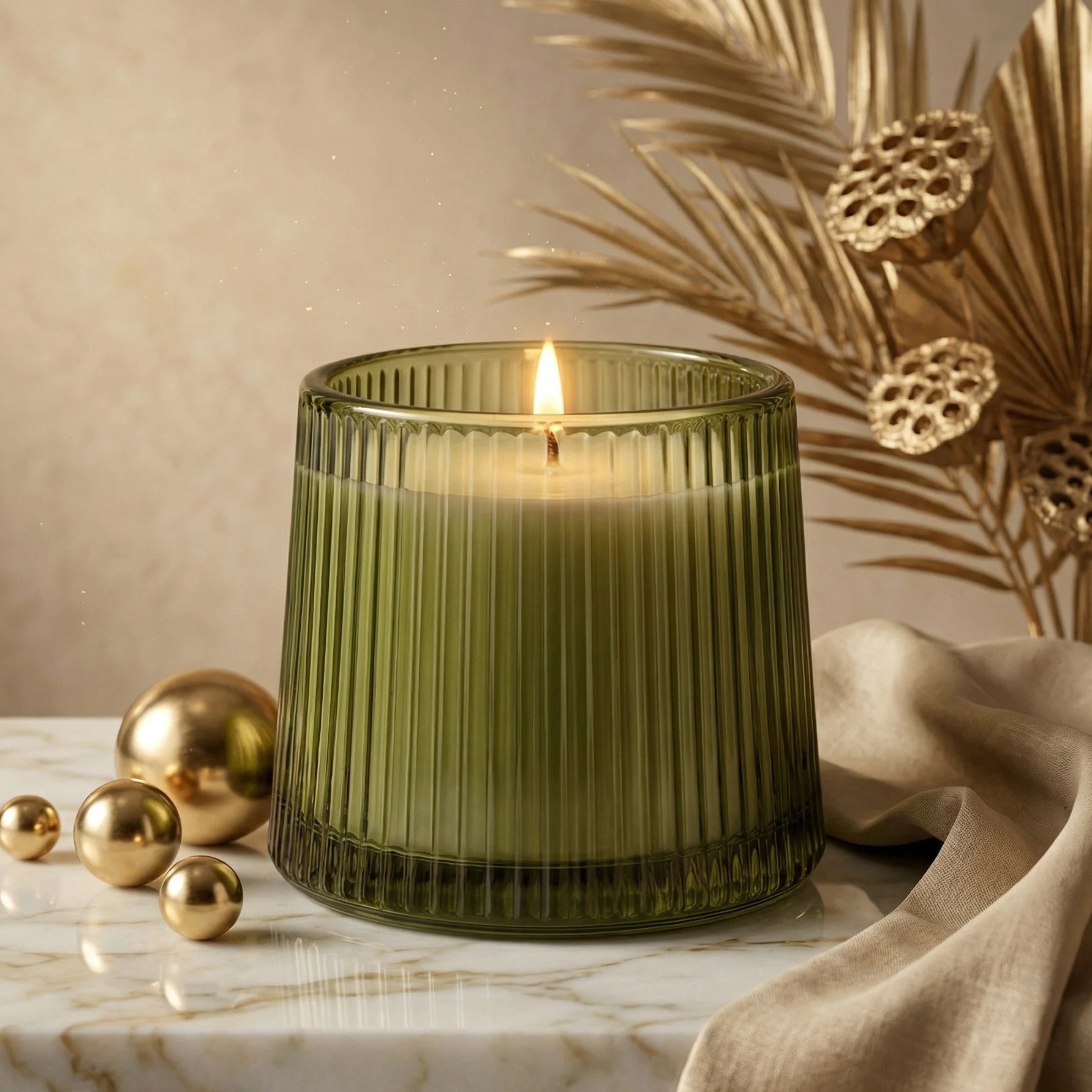 Oud Tapered Ribbed Glass Soy Wax Candle — Hand-Blown Glass from Firozabad, India — Top View
