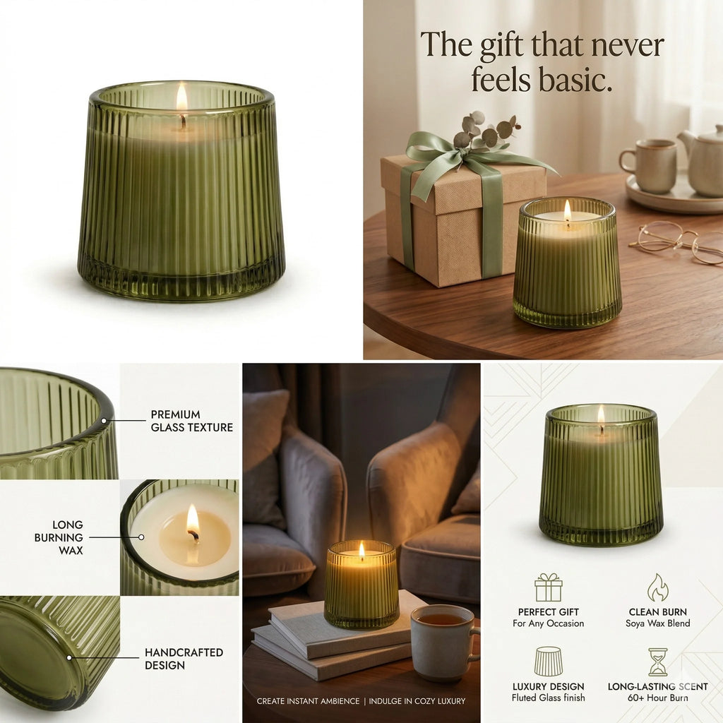Vanilla Tapered Ribbed Glass Soy Wax Candle | Gift & Décor — Hand-Blown Glass from Firozabad, India — In a Living Space