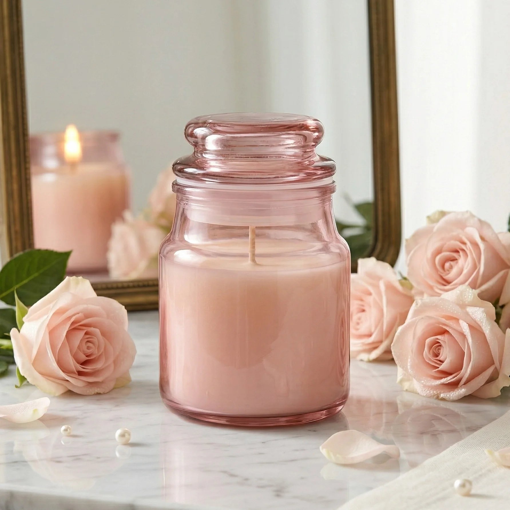 Lavender Apothecary Bottle Glass Soy Wax Candle | Wellness Gift — Hand-Blown Glass from Firozabad, India — Top View
