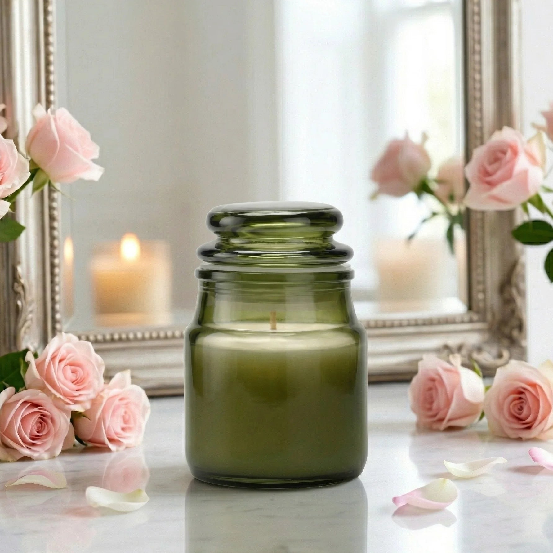 Lavender Apothecary Bottle Glass Soy Wax Candle | Wellness Gift — Hand-Blown Glass from Firozabad, India — Festive Styling