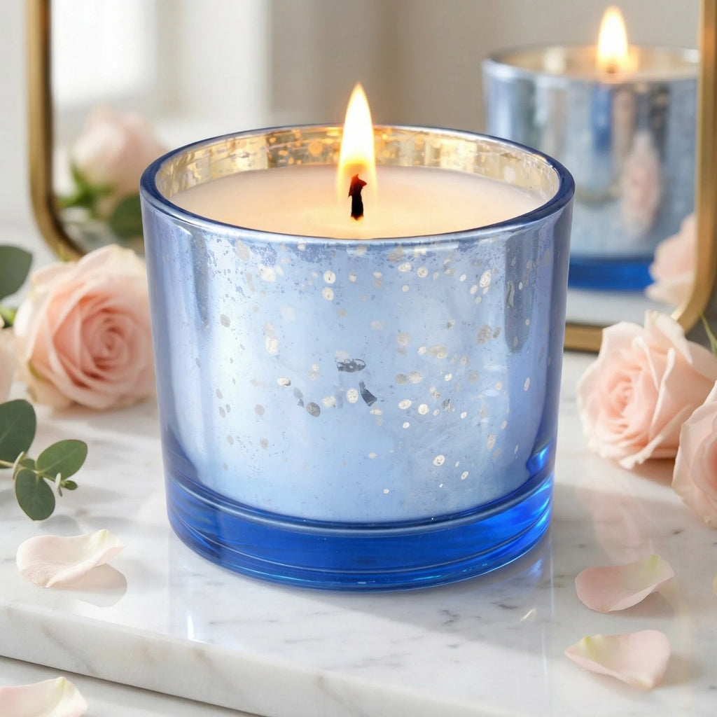 Sandalwood Mercury Glass Votive Soy Wax Candle | 4 Colours — Hand-Blown Glass from Firozabad, India — Curated Display