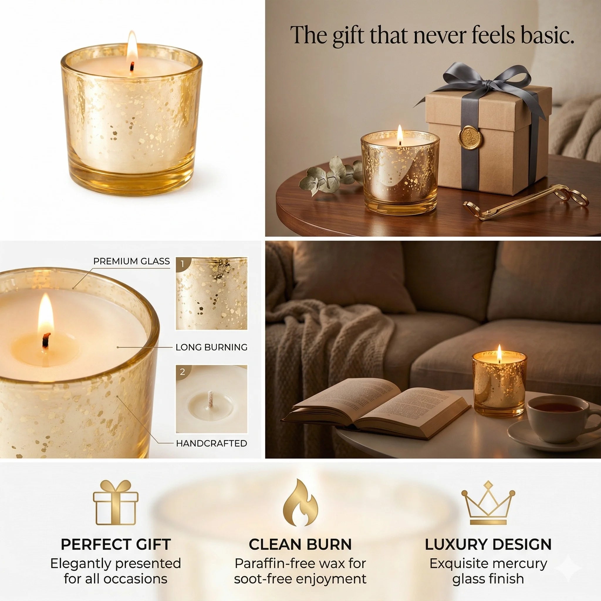 Sandalwood Mercury Glass Votive Soy Wax Candle | 4 Colours — Hand-Blown Glass from Firozabad, India — Multi-Angle Showcase