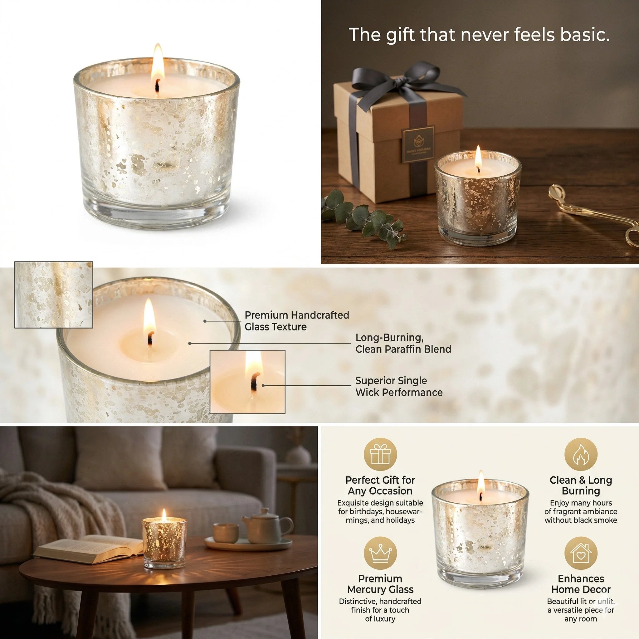 Sandalwood Mercury Glass Votive Soy Wax Candle | 4 Colours — Hand-Blown Glass from Firozabad, India — Premium Detail