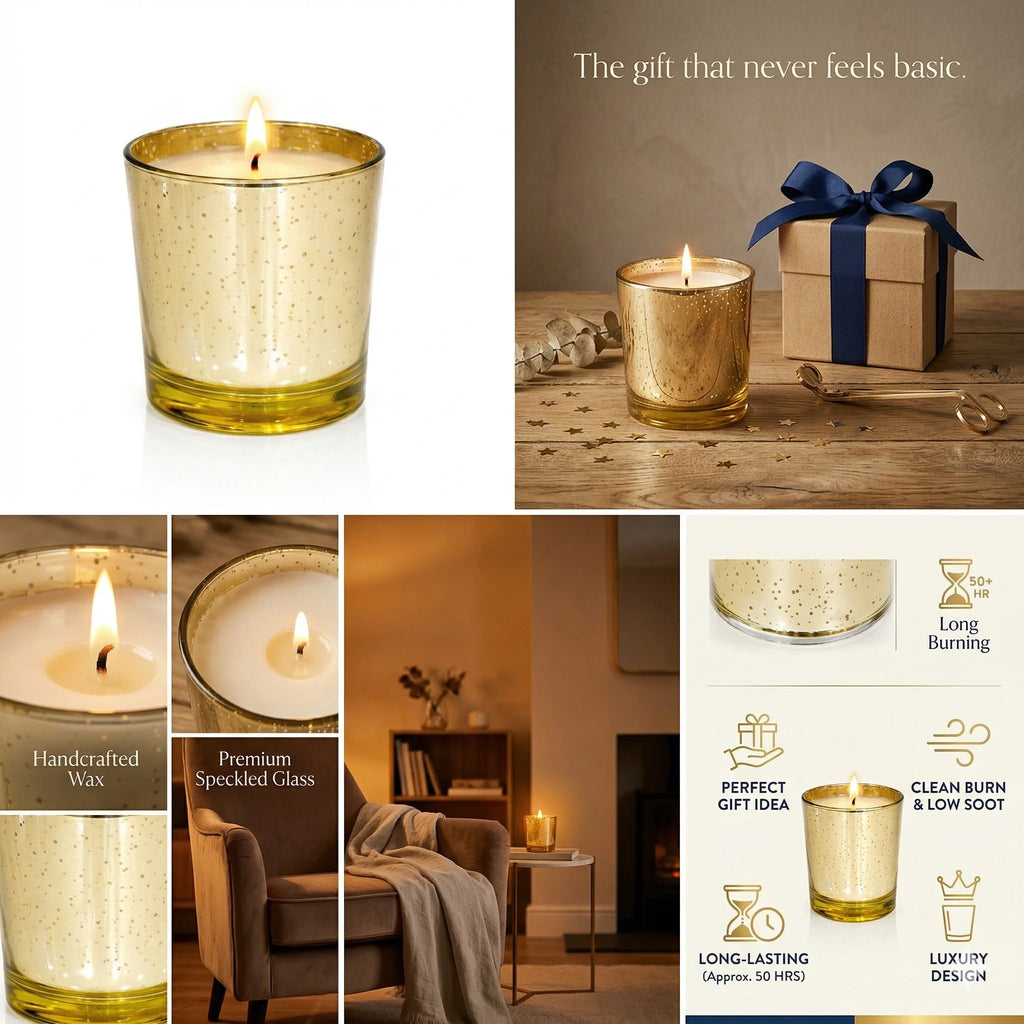 Musk Mercury Gold Iridescent Glass Soy Wax Candle | Luxury — Hand-Blown Glass from Firozabad, India — In a Living Space