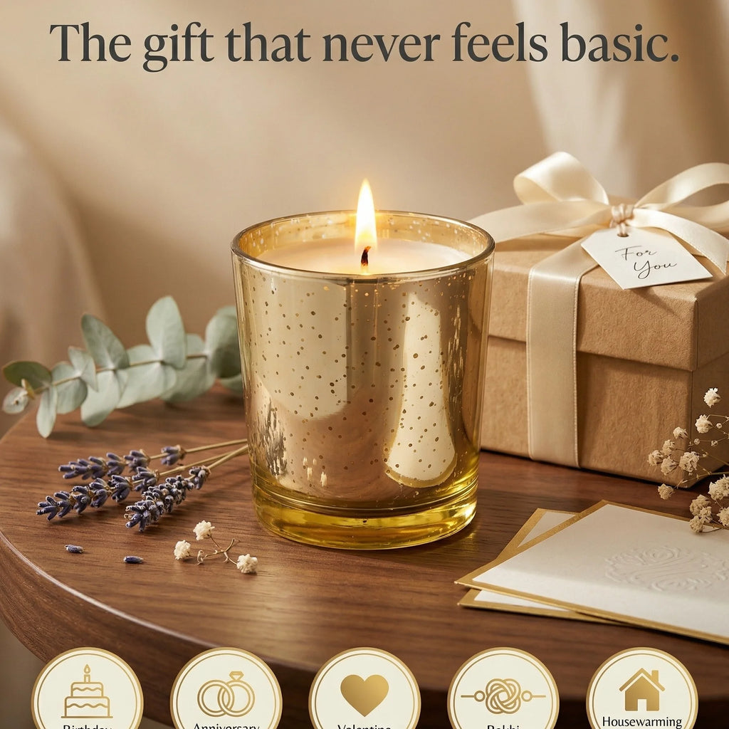 Musk Mercury Gold Iridescent Glass Soy Wax Candle | Luxury — Hand-Blown Glass from Firozabad, India — Festive Styling