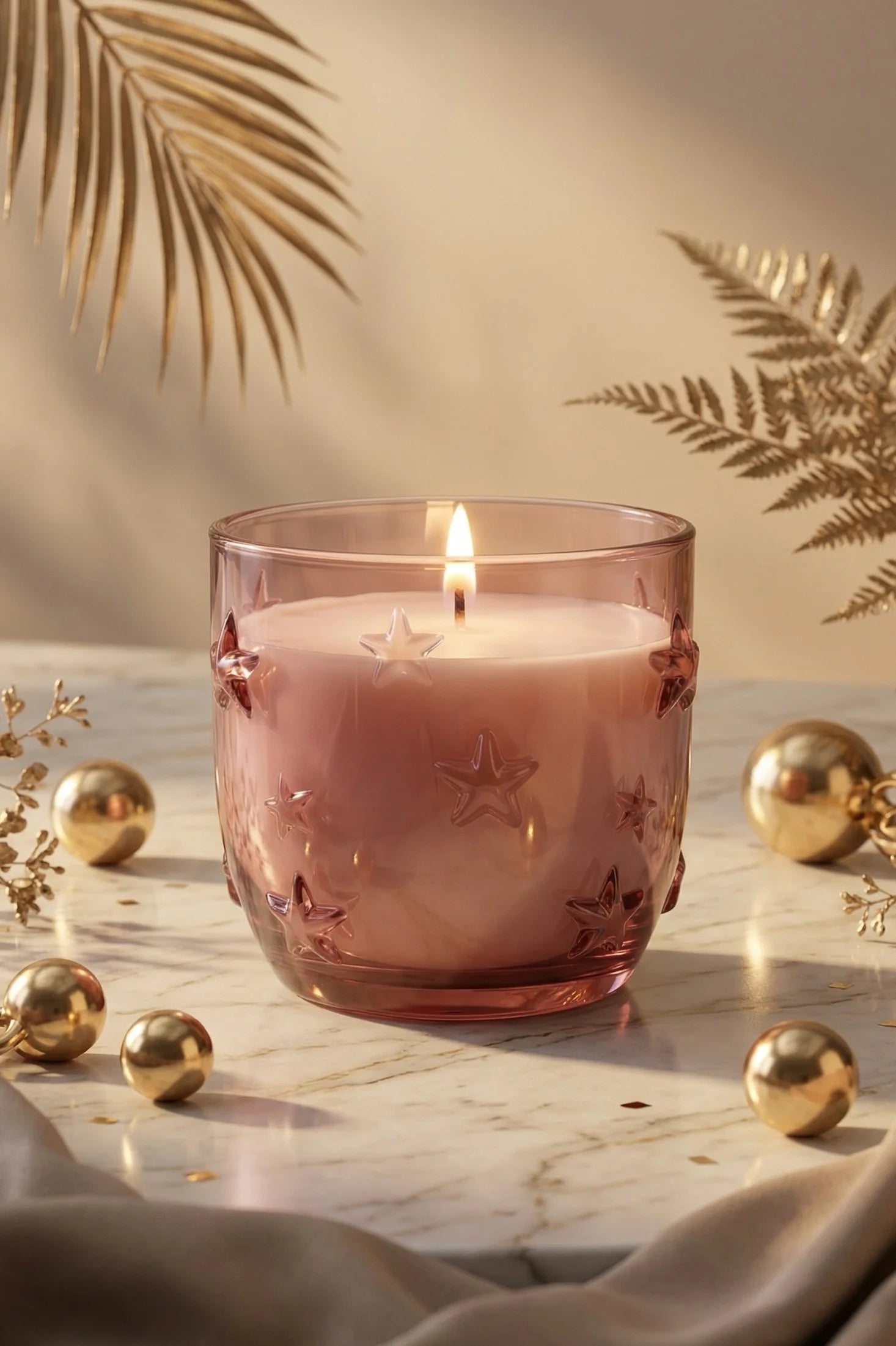 Rose Star Embossed Glass Soy Wax Candle | Romantic Gift — Hand-Blown Glass from Firozabad, India — Festive Styling