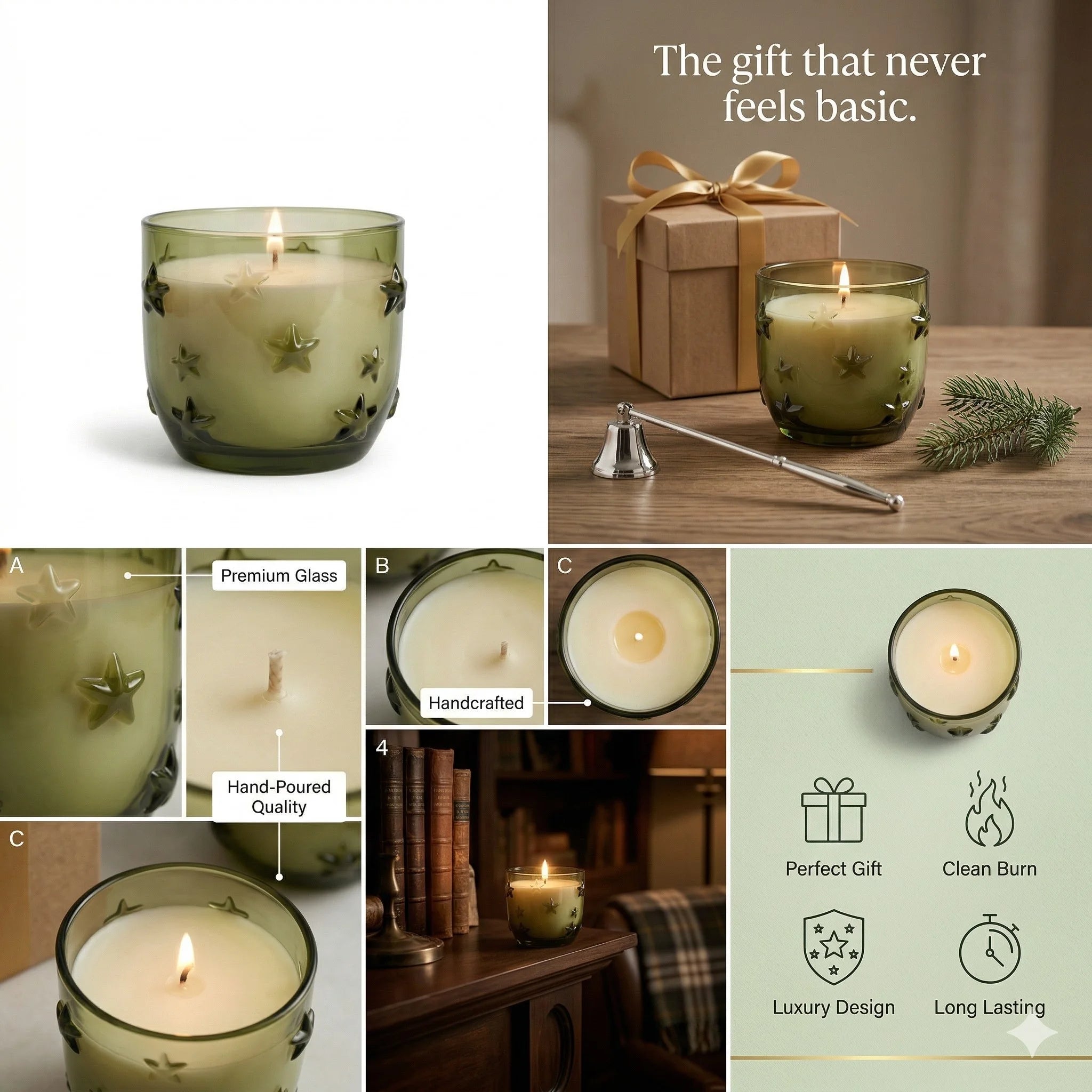 Rose Star Embossed Glass Soy Wax Candle | Romantic Gift — Hand-Blown Glass from Firozabad, India — In a Living Space