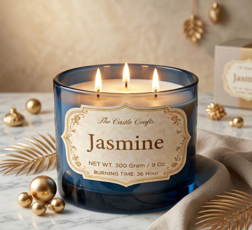 Jasmine 3-Wick Glass Soy Wax Candle | 4 Colours | Large Luxury — Hand-Blown Glass from Firozabad, India — Detail Close-Up