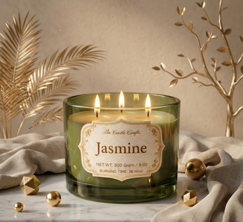 Jasmine 3-Wick Glass Soy Wax Candle | 4 Colours | Large Luxury — Hand-Blown Glass from Firozabad, India — Styled for Home...