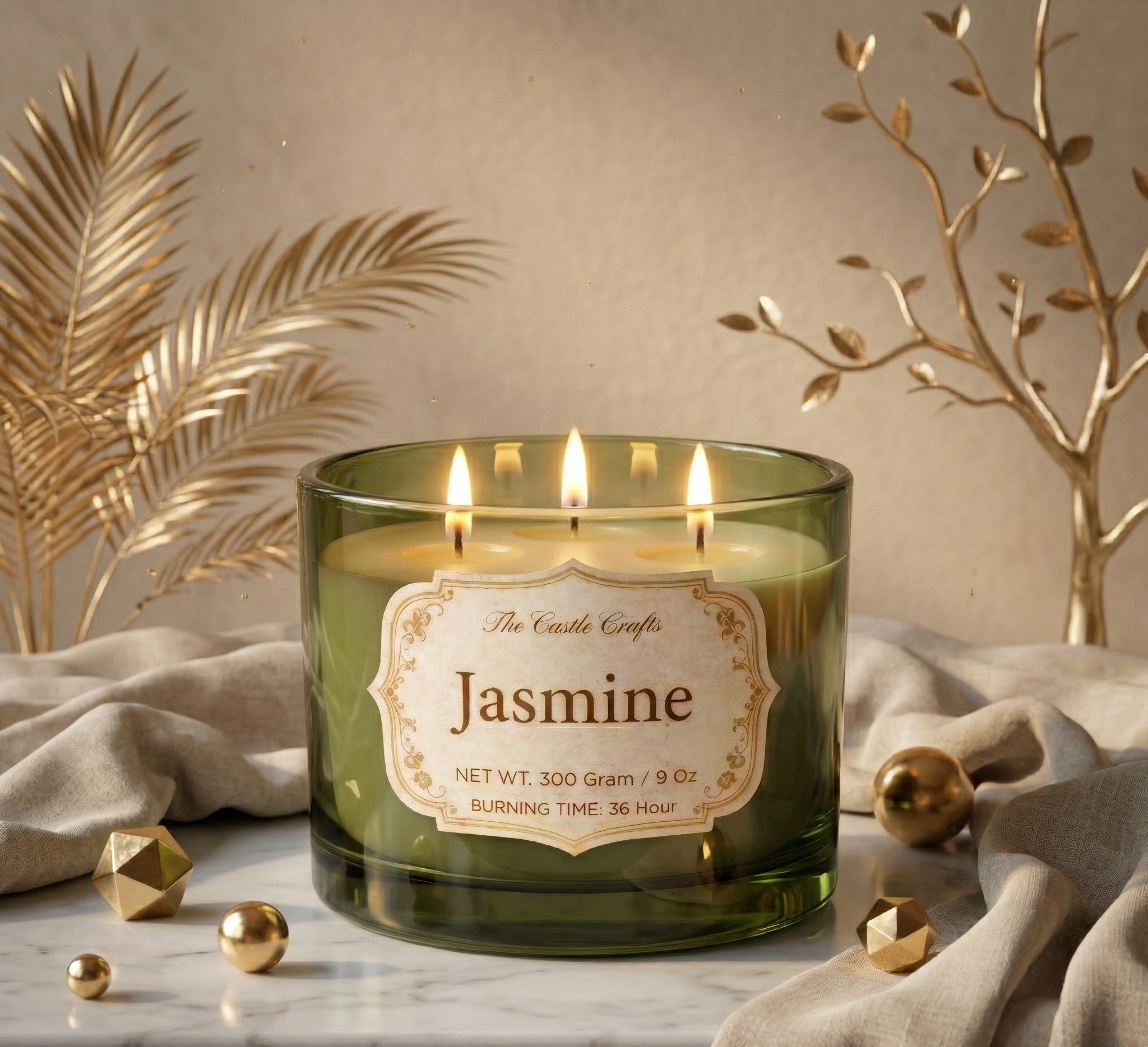 Jasmine 3-Wick Glass Soy Wax Candle | 4 Colours | Large Luxury — Hand-Blown Glass from Firozabad, India — Styled for Home...