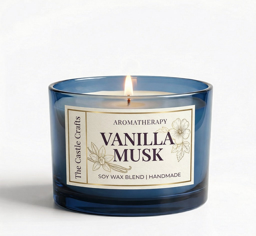 Aromatherapy Soy Wax Candle | Tinted Glass | 60Hr Burn | Vanilla Musk & Mysore Sandalwood — Castle Crafts