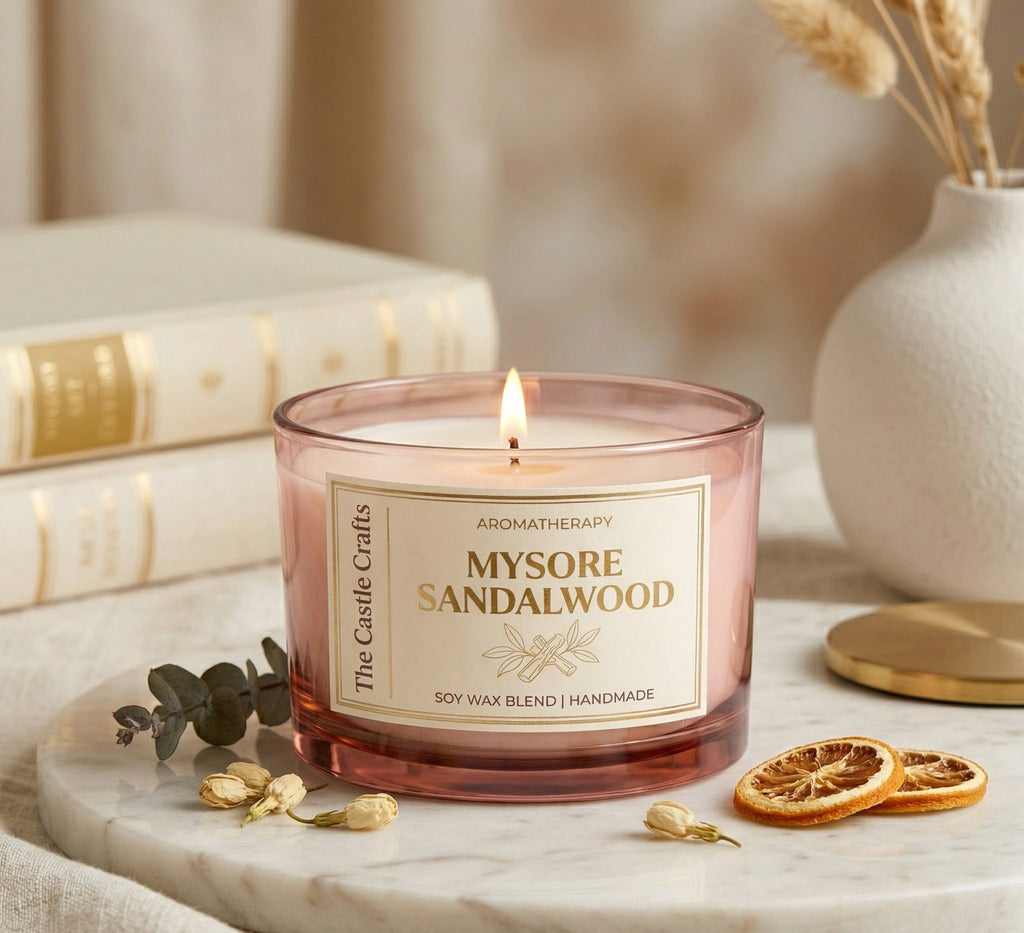 Aromatherapy Soy Wax Candle | Tinted Glass | 60Hr Burn | Vanilla Musk & Mysore Sandalwood — Castle Crafts