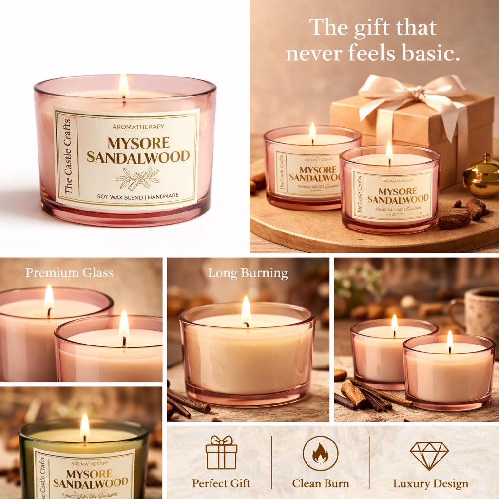 Aromatherapy Soy Wax Candle | Tinted Glass | 60Hr Burn | Vanilla Musk & Mysore Sandalwood — Castle Crafts
