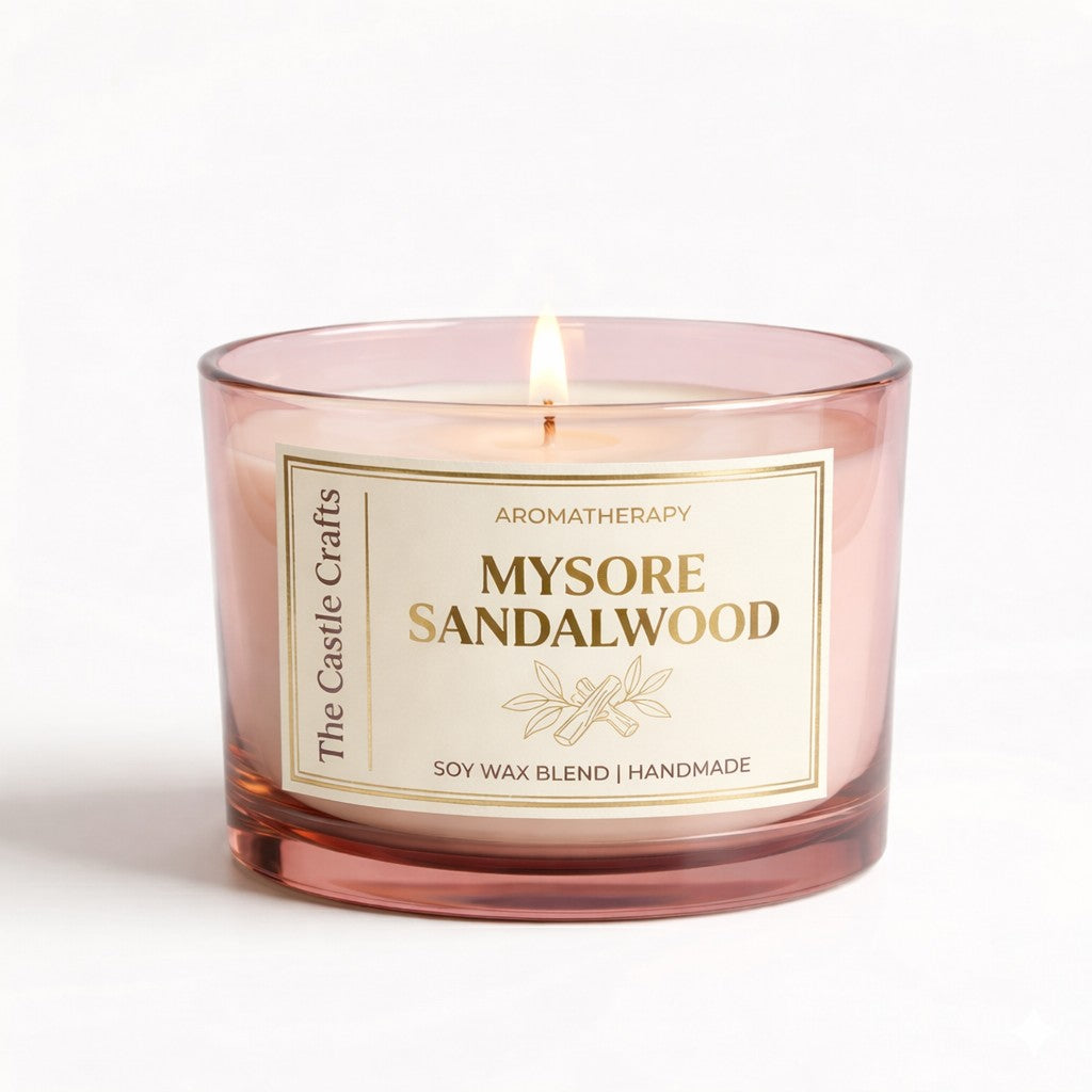 Aromatherapy Soy Wax Candle | Tinted Glass | 60Hr Burn | Vanilla Musk & Mysore Sandalwood — Castle Crafts