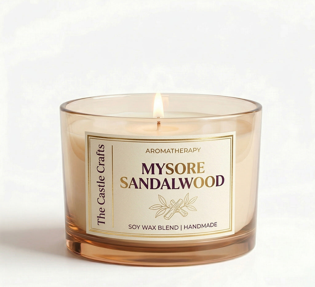 Aromatherapy Soy Wax Candle | Tinted Glass | 60Hr Burn | Vanilla Musk & Mysore Sandalwood — Castle Crafts