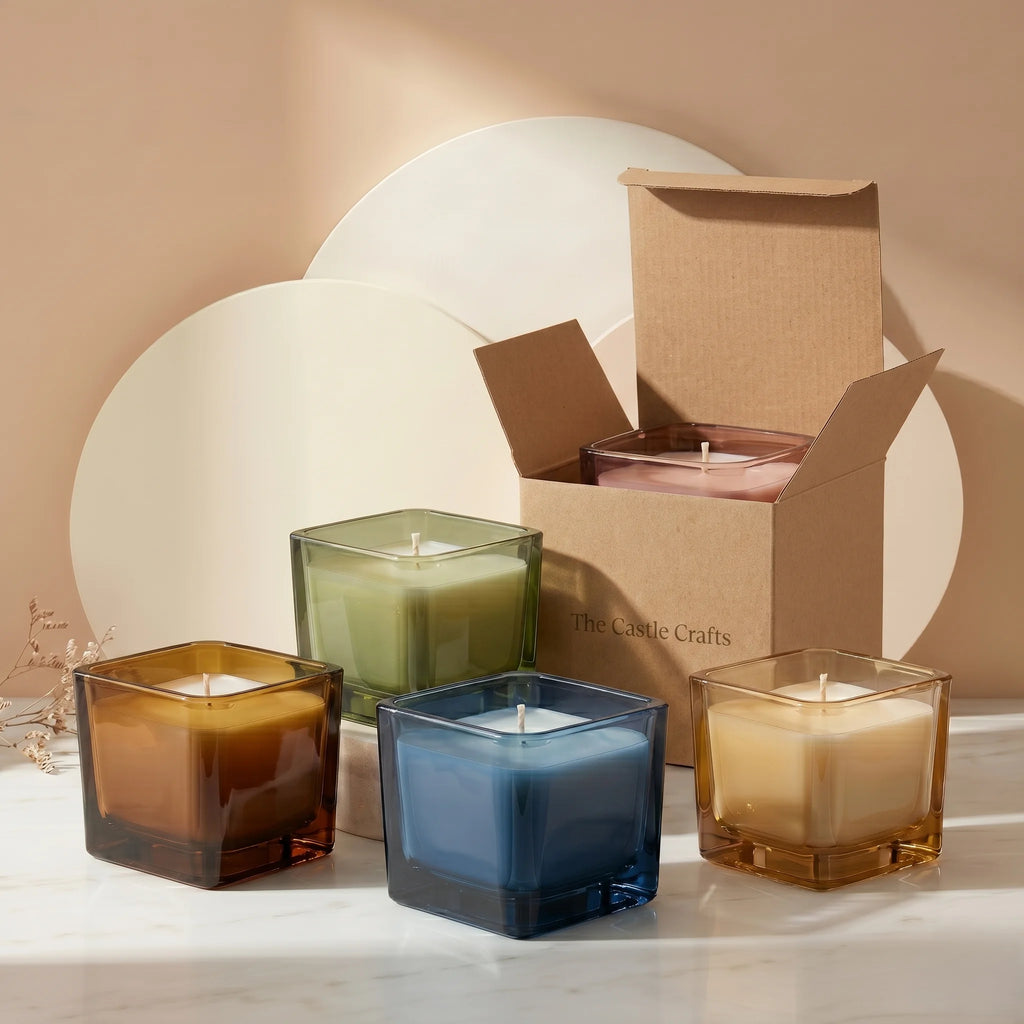 Jasmine Soy Wax Candle | Square Glass Jar | Hand Poured — Hand-Blown Glass from Firozabad, India — Detail Close-Up