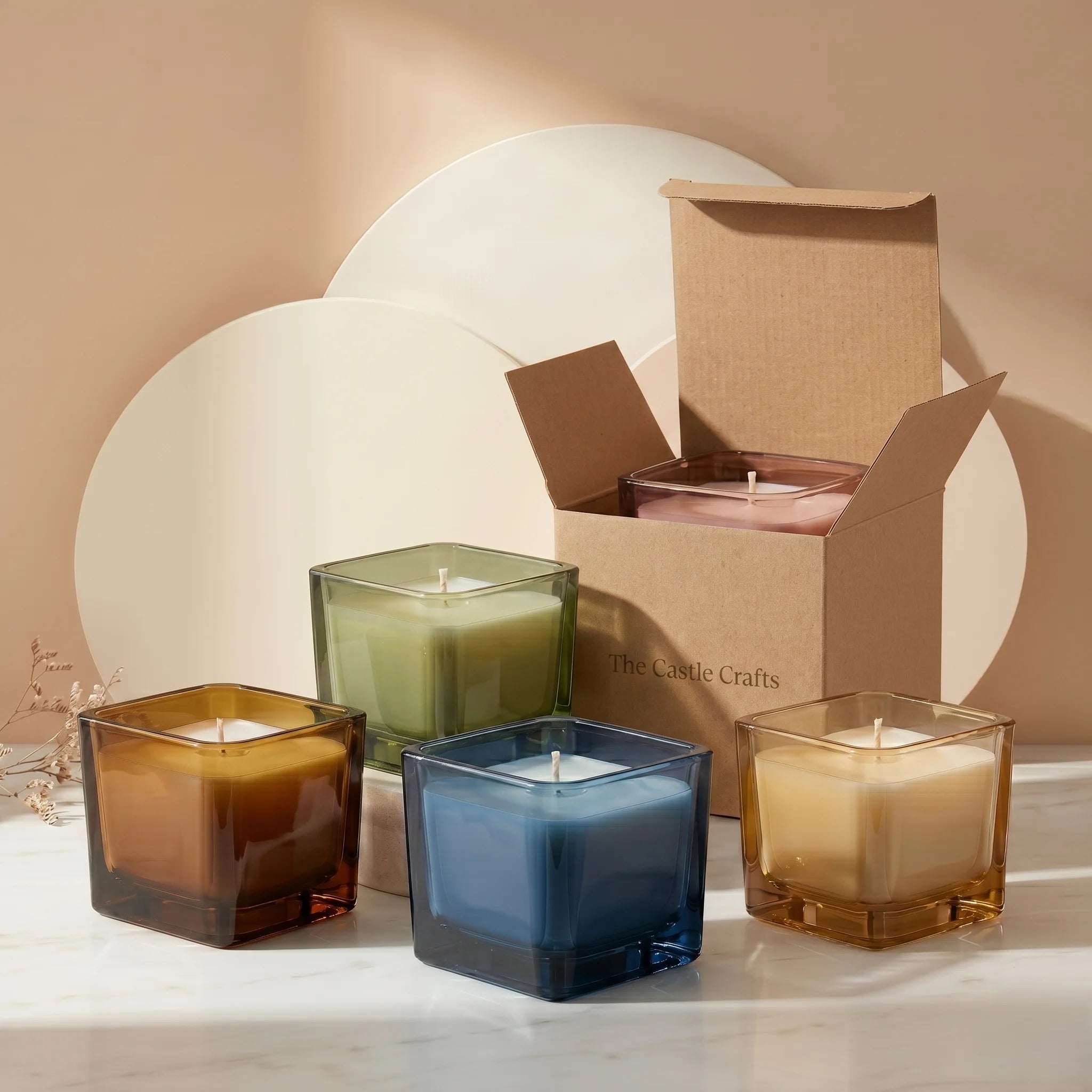 Jasmine Soy Wax Candle | Square Glass Jar | Hand Poured — Hand-Blown Glass from Firozabad, India — Detail Close-Up