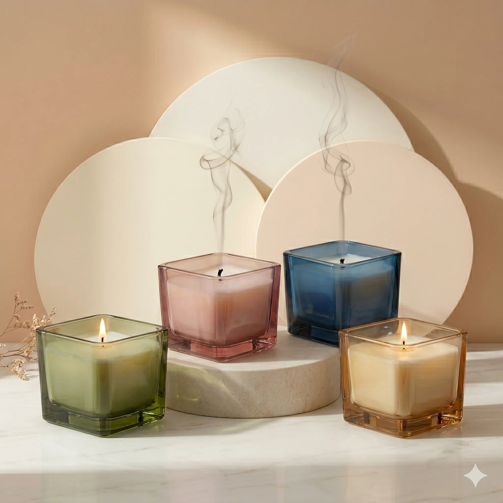Jasmine Soy Wax Candle | Square Glass Jar | Hand Poured — Hand-Blown Glass from Firozabad, India — Side Angle View