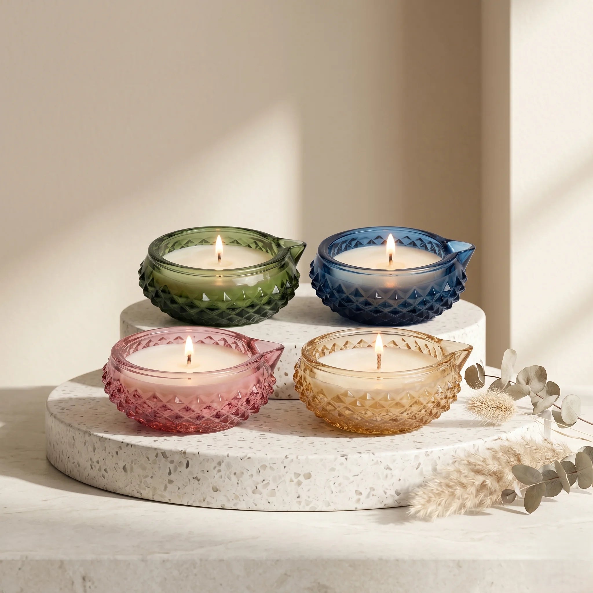 Jasmine Diamond Cut Diya Glass Soy Wax Candle | Festive Décor — Hand-Blown Glass from Firozabad, India | Festive & Pooja D...