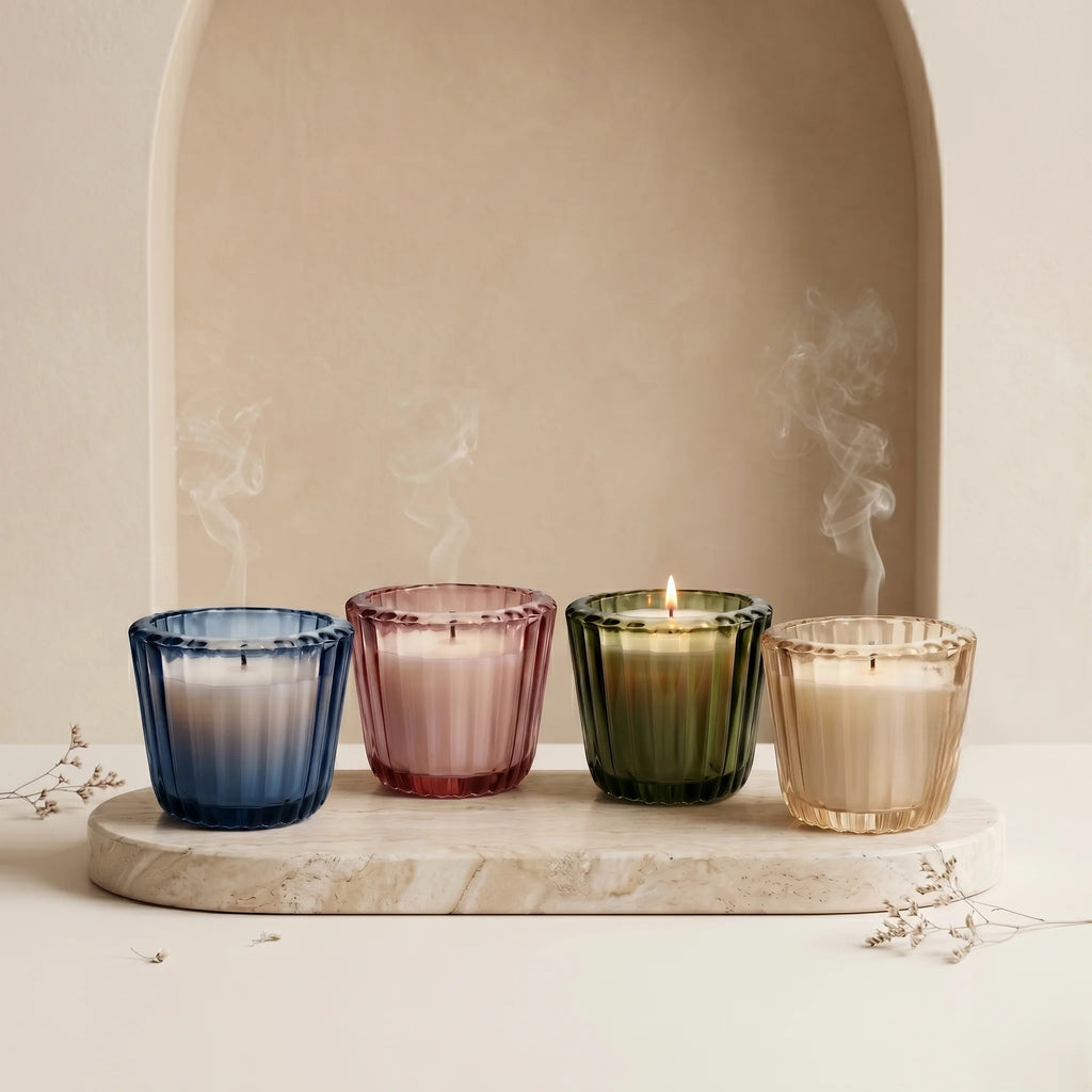 Sandalwood Ribbed Glass Votive Soy Wax Candle — Hand-Blown Glass from Firozabad, India — Side Angle View