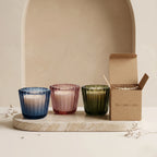Sandalwood Ribbed Glass Votive Soy Wax Candle — Hand-Blown Glass from Firozabad, India — Styled for Home Décor