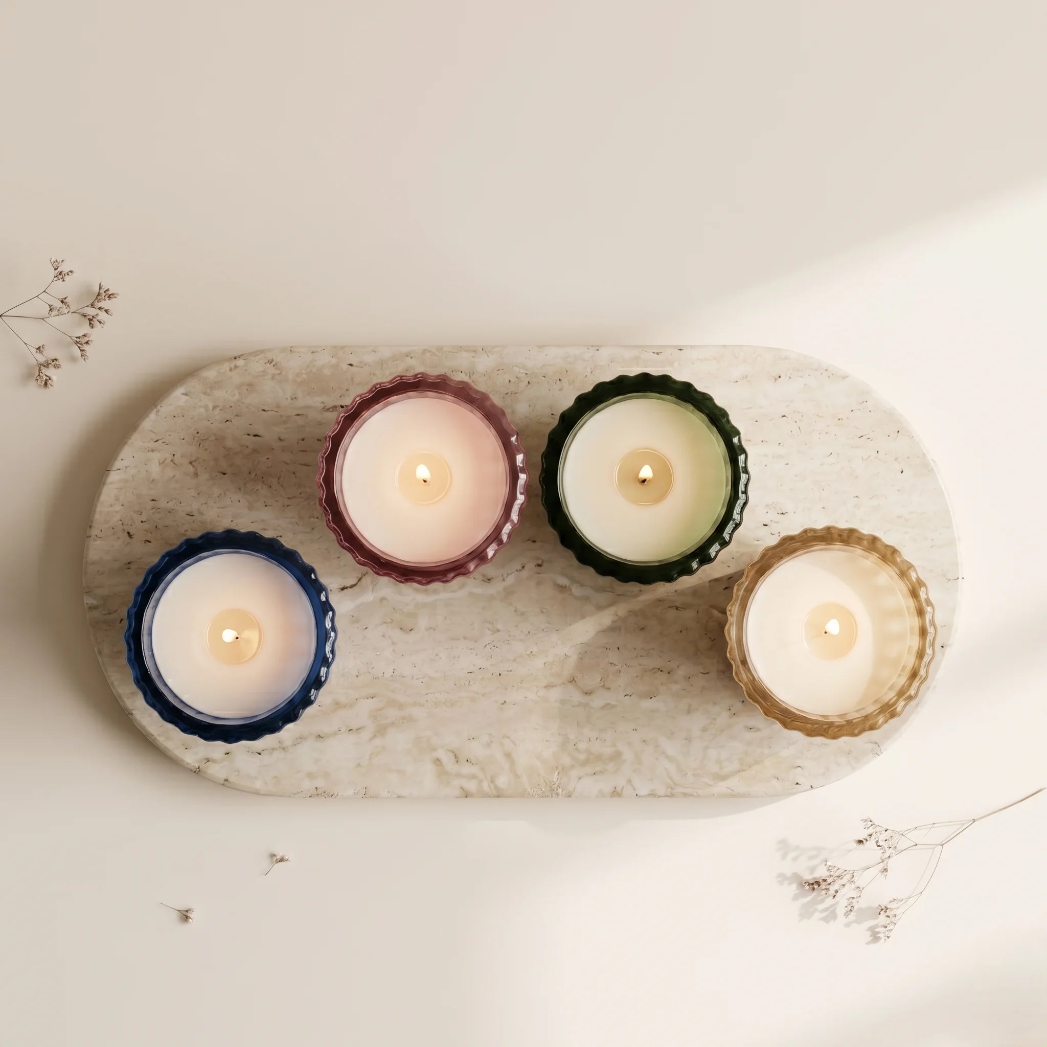 Sandalwood Ribbed Glass Votive Soy Wax Candle — Hand-Blown Glass from Firozabad, India — Detail Close-Up