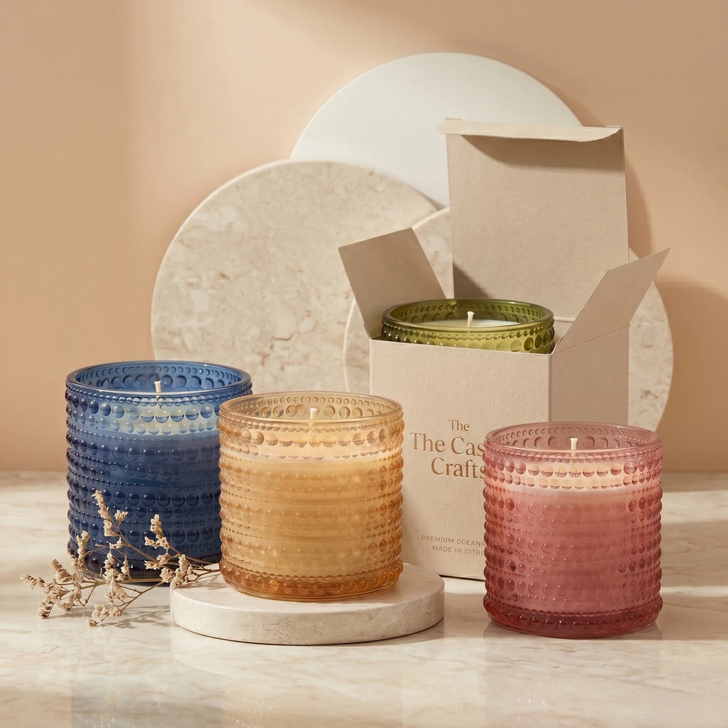 Oud Hobnail Glass Soy Wax Candle | Premium Luxury Candle — Hand-Blown Glass from Firozabad, India — Side Angle View