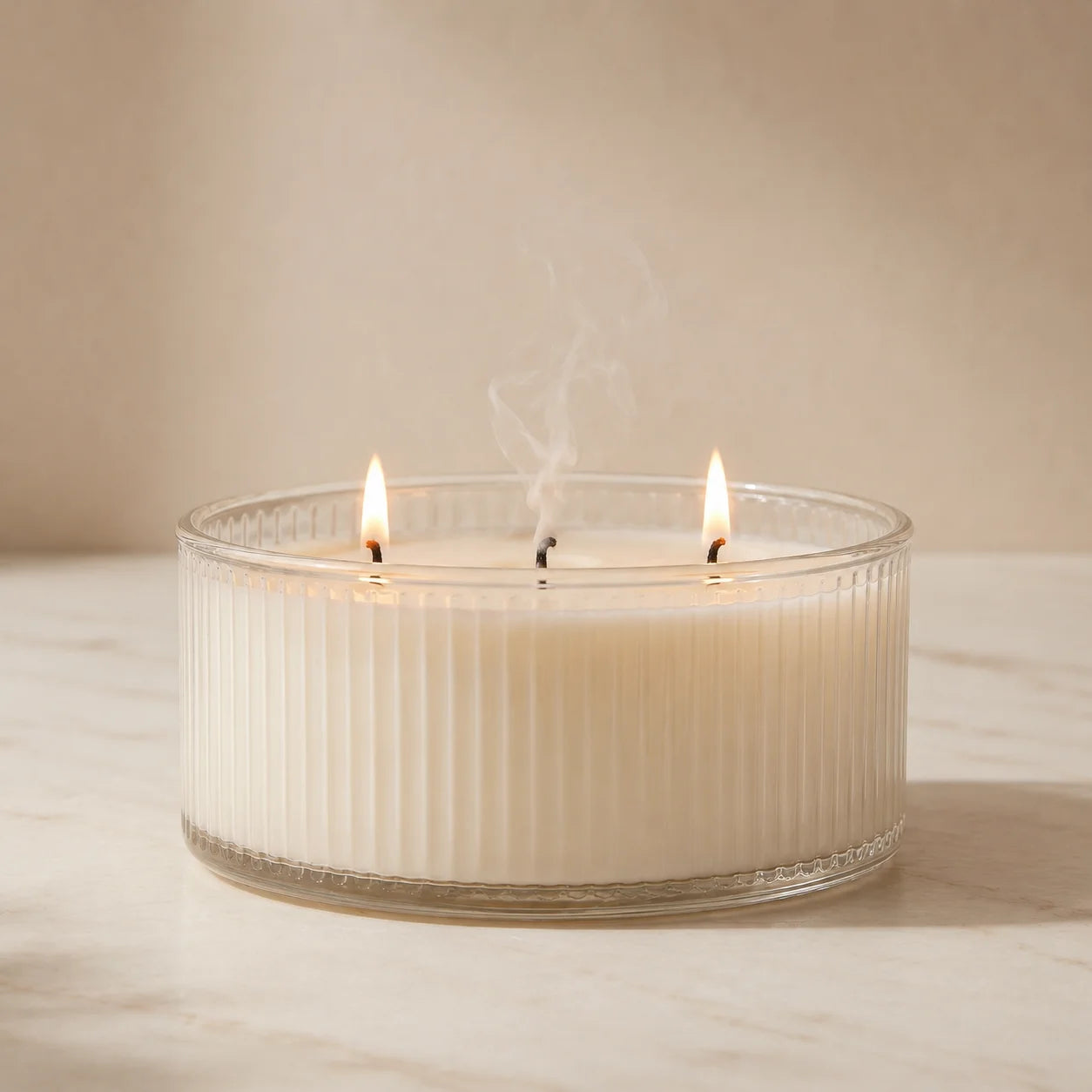 Jasmine 3-Wick Wide Ribbed Bowl Soy Wax Candle | Large — Hand-Blown Glass from Firozabad, India | Luxury Home Décor & Corp...