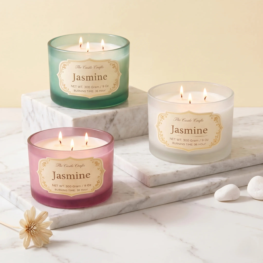 Jasmine 3-Wick Signature Glass Jar Candle | Large Luxury — Hand-Blown Glass from Firozabad, India | Luxury Home Décor & Co...
