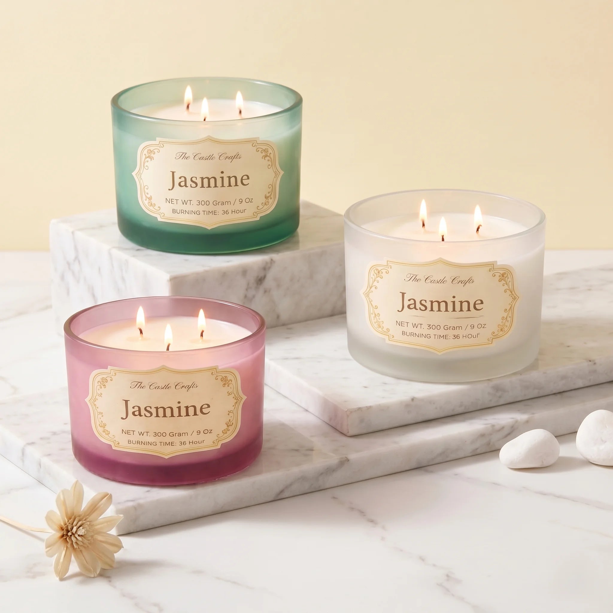 Jasmine 3-Wick Signature Glass Jar Candle | Large Luxury — Hand-Blown Glass from Firozabad, India | Luxury Home Décor & Co...