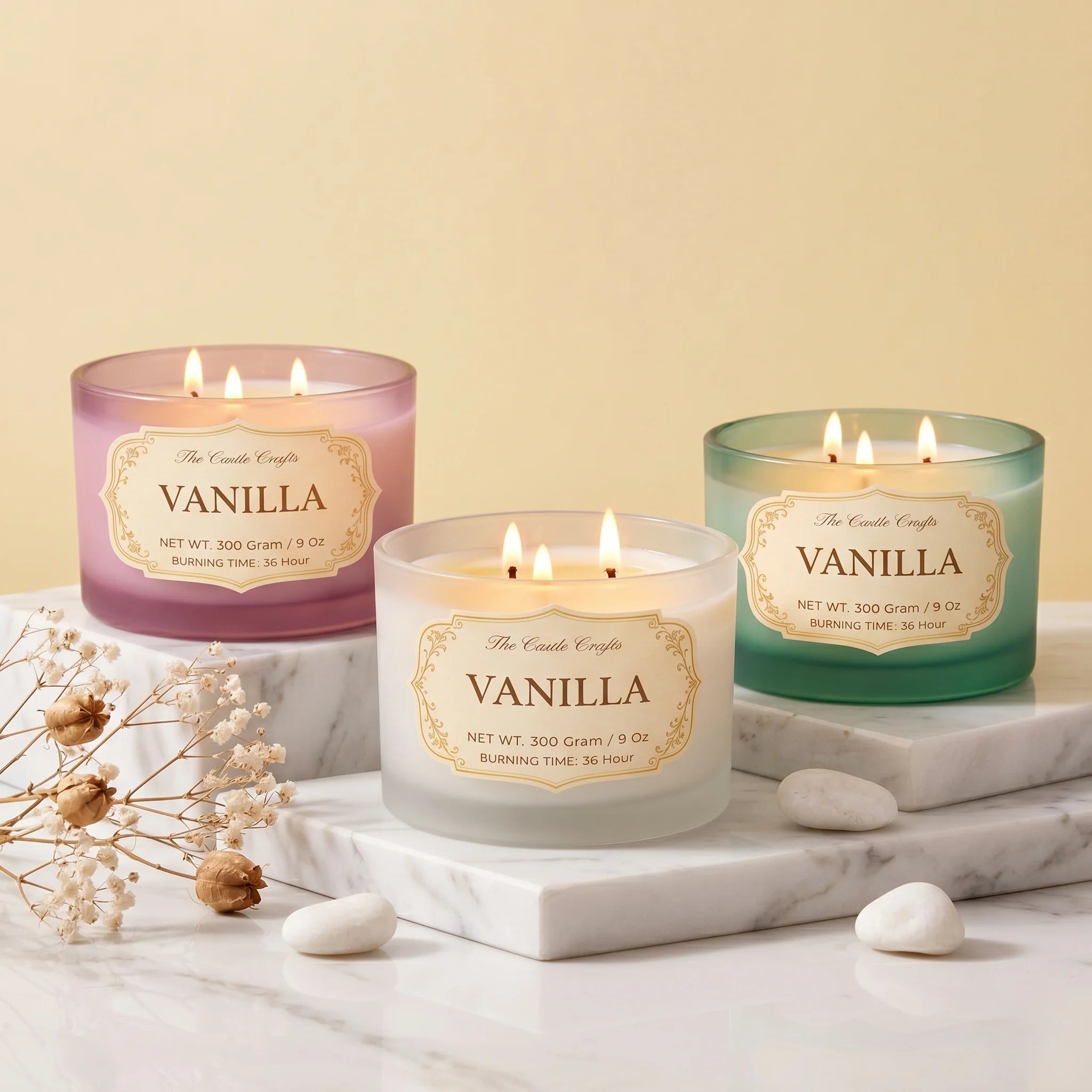 Vanilla 3-Wick Signature Glass Jar Candle | Large Luxury — Hand-Blown Glass from Firozabad, India | Luxury Home Décor & Co...