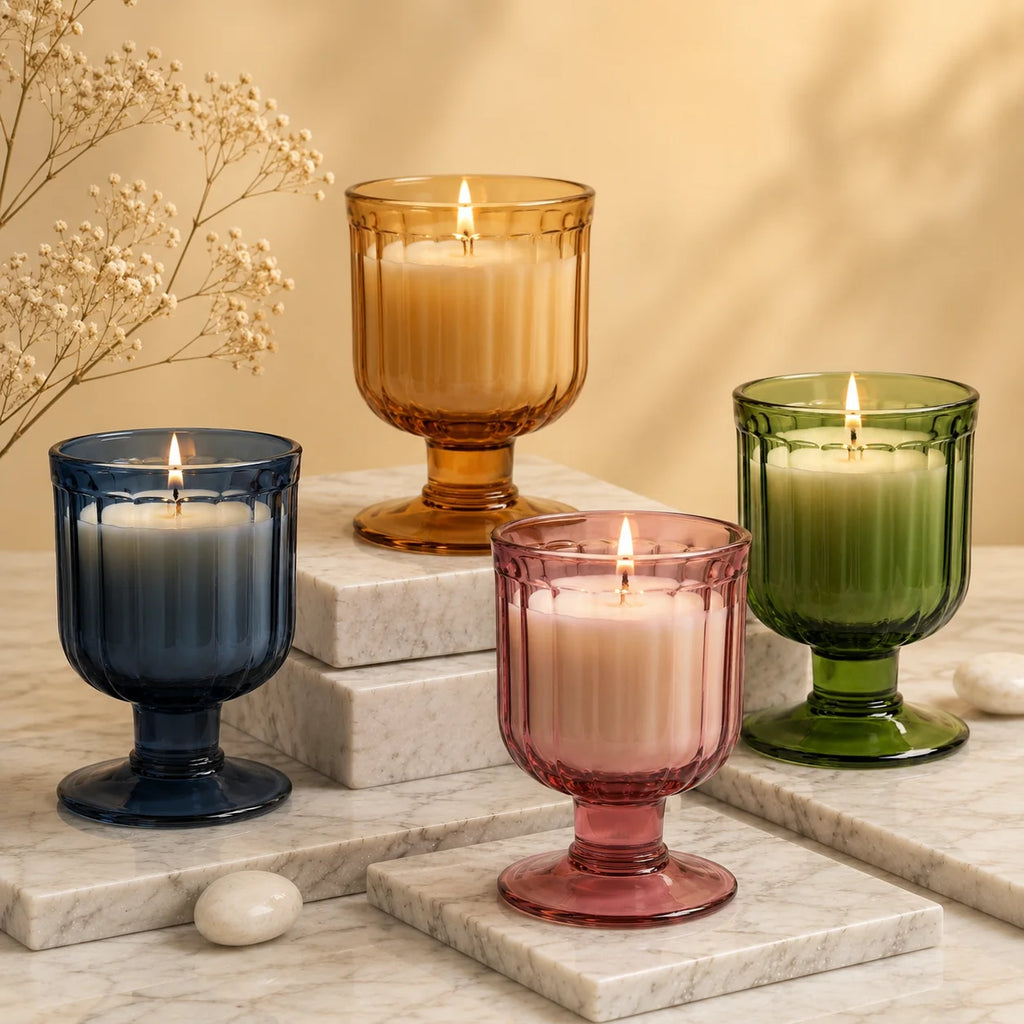 Sandalwood Goblet Glass Soy Wax Candle | Luxury Home Décor — Hand-Blown Glass from Firozabad, India | Luxury Home Décor &...