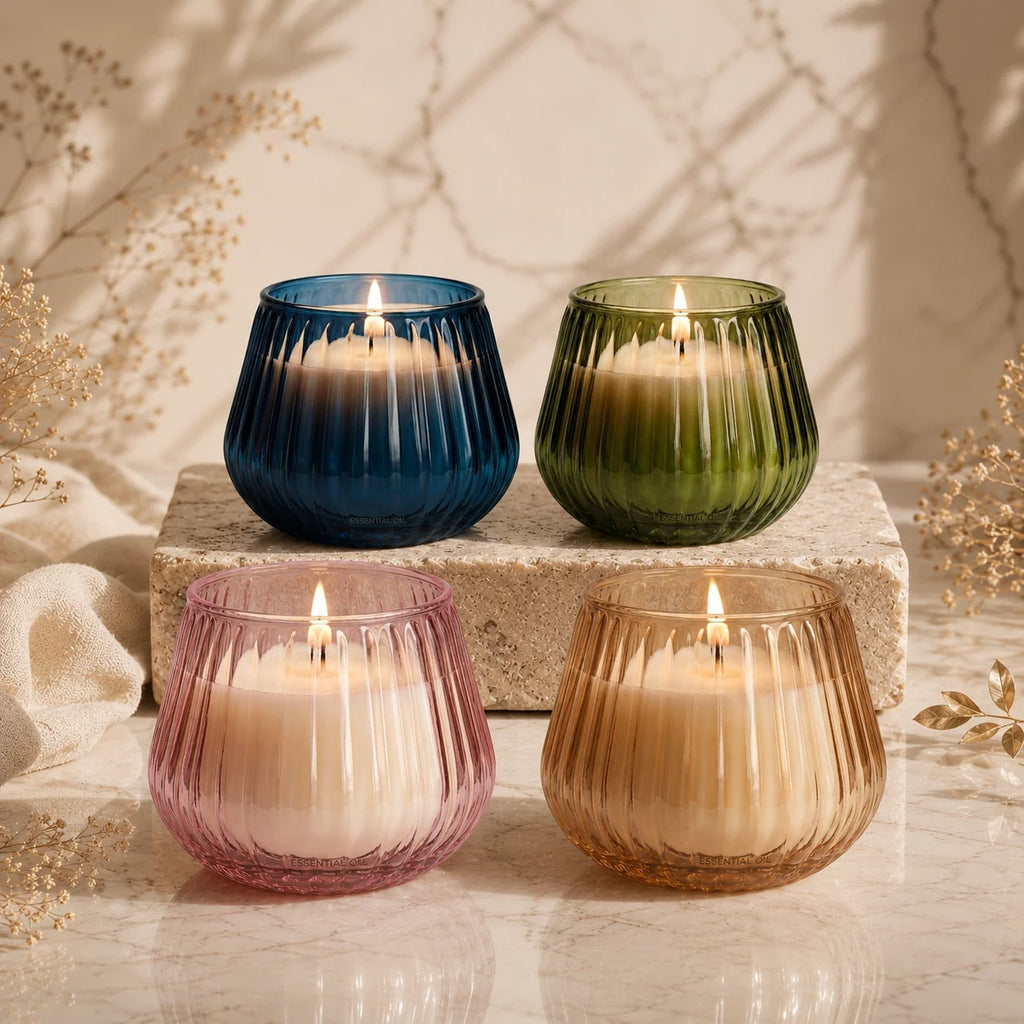 White Oud Barrel Ribbed Glass Soy Wax Candle | Premium Gift — Hand-Blown Glass from Firozabad, India | Luxury Home Décor &...