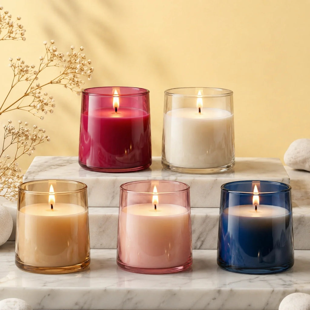 Sandalwood Classic Cylinder Glass Soy Wax Candle | 5 Colours — Hand-Blown Glass from Firozabad, India | Home Décor, Giftin...