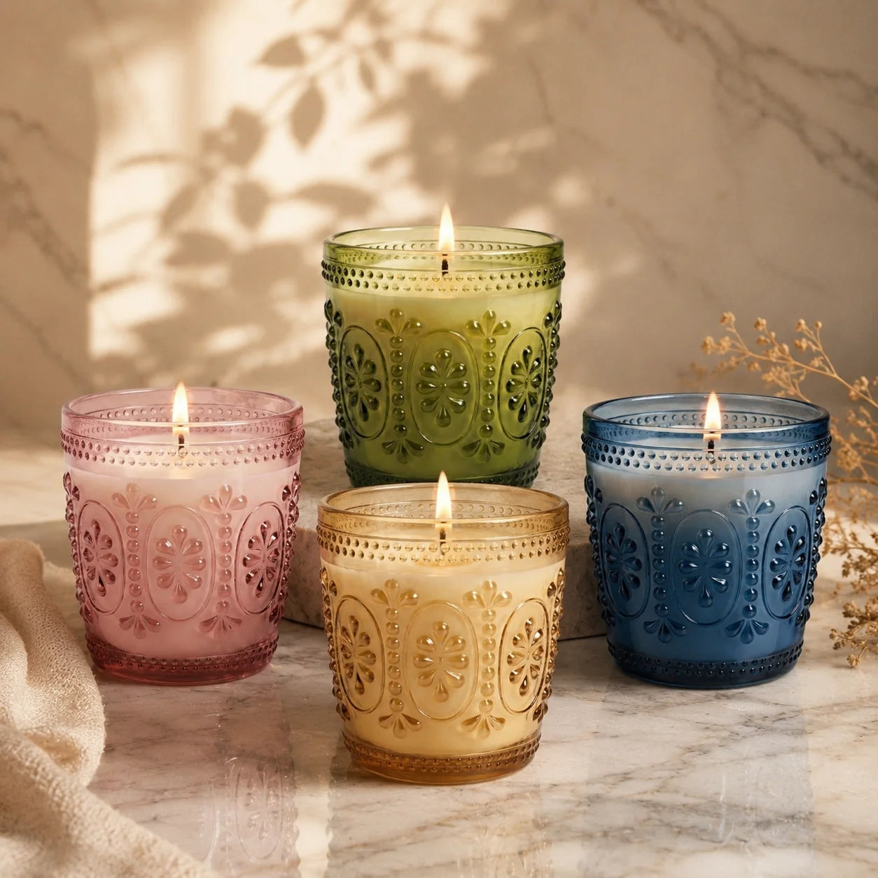 Jasmine Baroque Embossed Glass Soy Wax Candle | Luxury Gift — Hand-Blown Glass from Firozabad, India | Luxury Home Décor &...