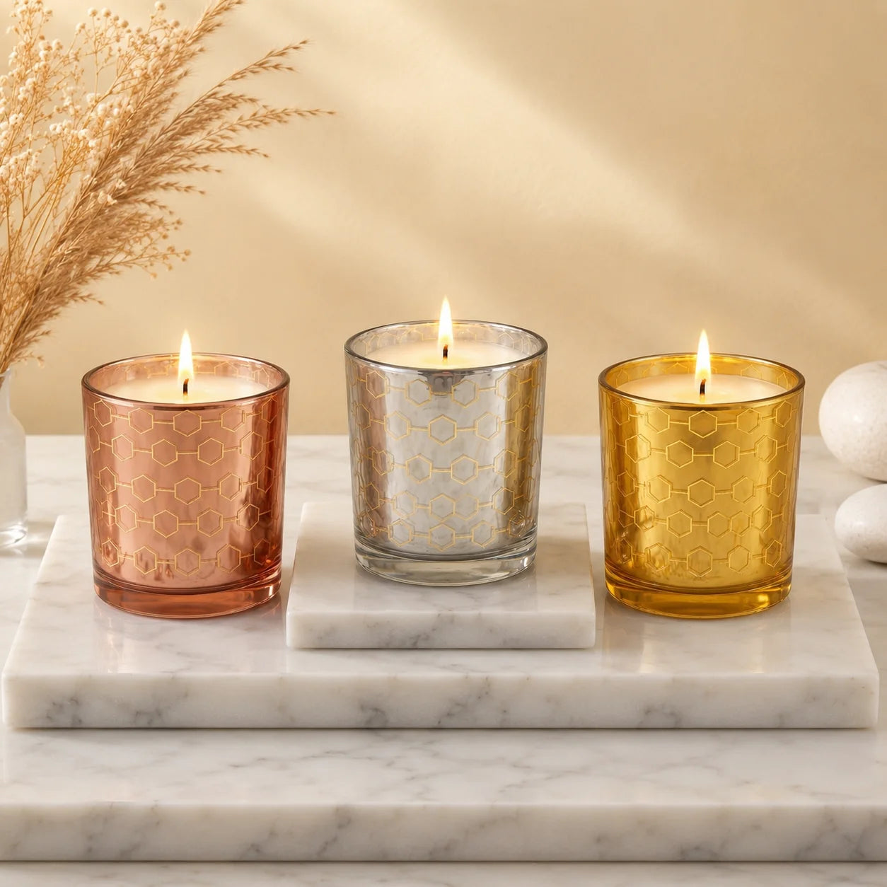 Rose Honeycomb Glass Soy Wax Candle | Premium Home Décor — Hand-Blown Glass from Firozabad, India | Luxury Home Décor & Co...