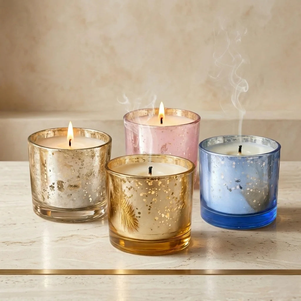 Sandalwood Mercury Glass Votive Soy Wax Candle | 4 Colours — Hand-Blown Glass from Firozabad, India — Side Angle View