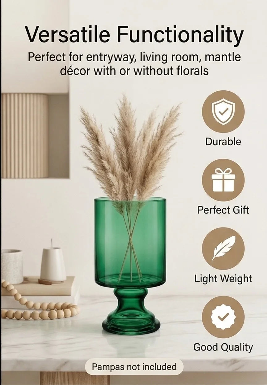 Pedestal Glass Flower Vase – Green (8") - view 2