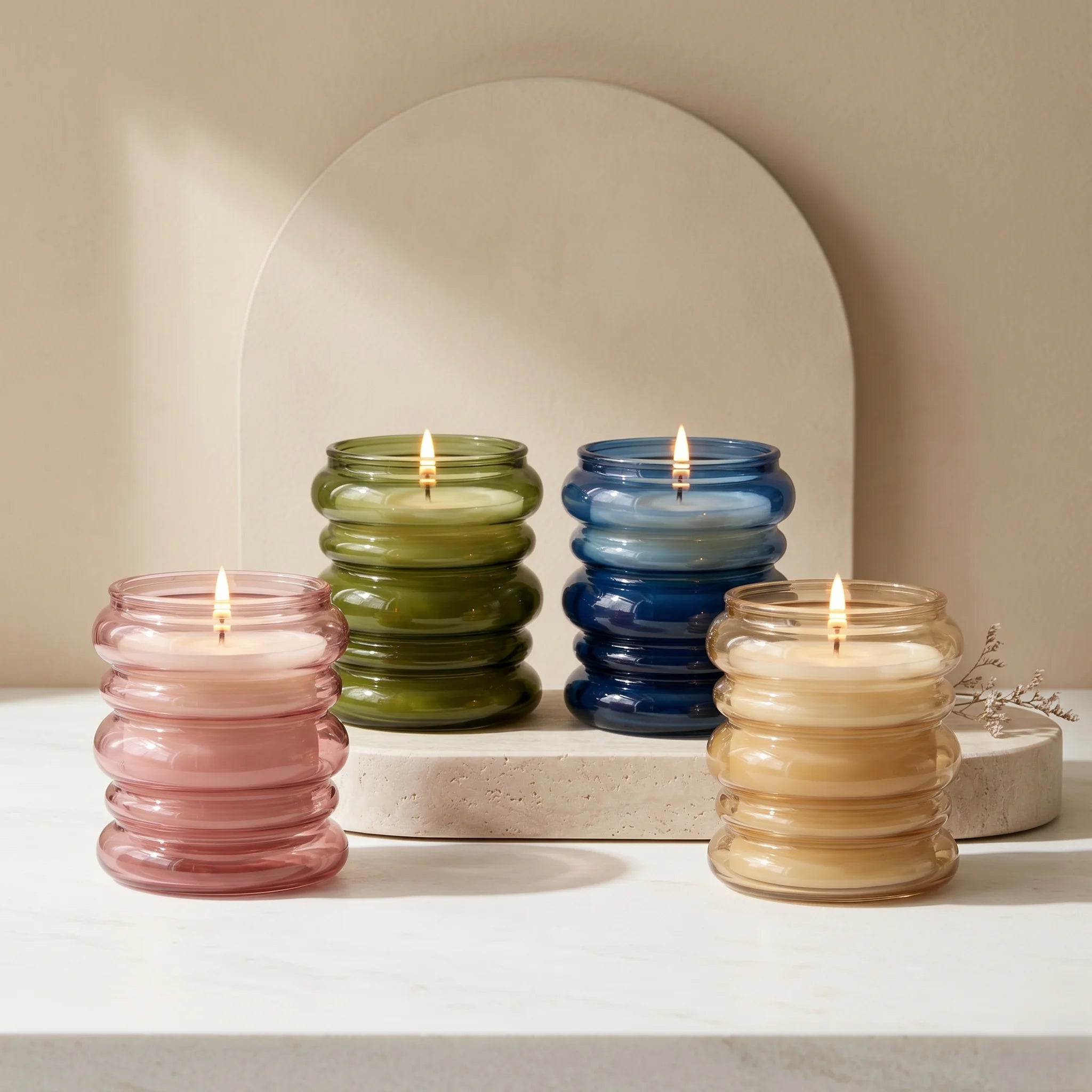 Sandalwood Stacked Ring Glass Soy Wax Candle | Large Luxury Candle — Hand-Blown Glass from Firozabad, India | Luxury Home...
