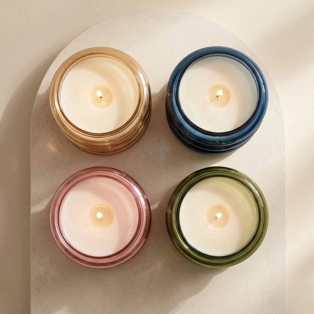 Sandalwood Stacked Ring Glass Soy Wax Candle | Large Luxury Candle — Hand-Blown Glass from Firozabad, India — Lifestyle Se...